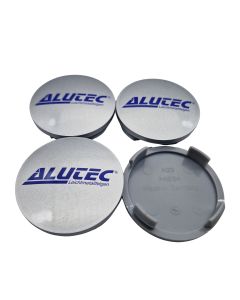 4X Alutec Nabendeckel 60mm Silber (N23) Logo Blau - Original Felgendeckel/Nabenkappe/Hubcap