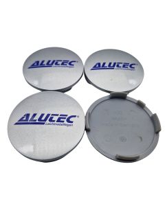 4X Alutec Nabendeckel 64mm Silber (N32) Logo Blau - Original Felgendeckel/Nabenkappe/Hubcap