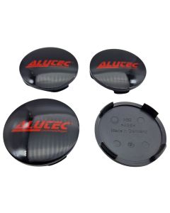 4X Alutec Nabendeckel 64mm Schwarz Glanz (N32) Logo Rot (ALO) - Original Felgendeckel/Nabenkappe/Hubcap
