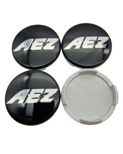 4x AEZ Nabendeckel 60 mm / 56 mm (AZB), N07 Felgendeckel Nabenkappe Radnabenkappe , Schwarz Glanz, Original Felgenkappe